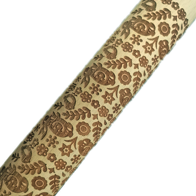 Embossed Beech Rolling Pin with Folk Pattern