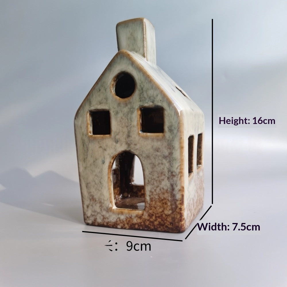 Glazed ceramic Christmas house with chimney and arched door, about 16 cm