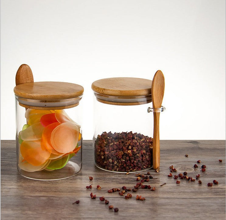 Glass Jar with Bamboo Lid and Wooden Spoon