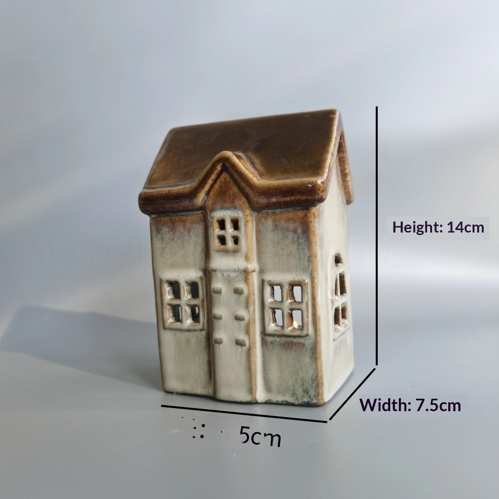 Glazed ceramic Christmas house with brown roof, about 14 cm