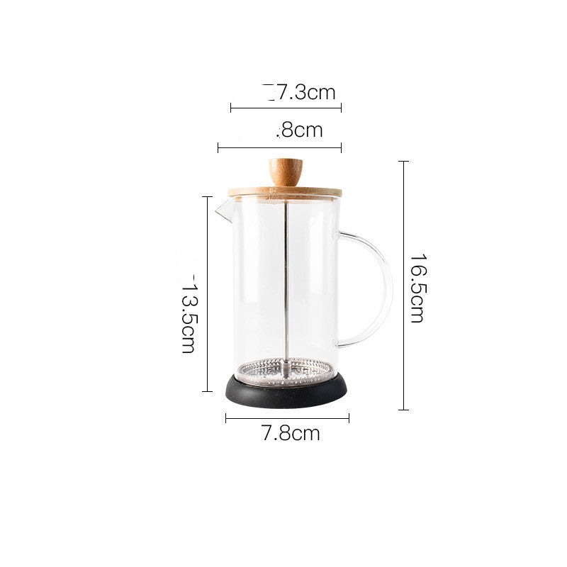 Small glass French press with oak lid, with measurements
