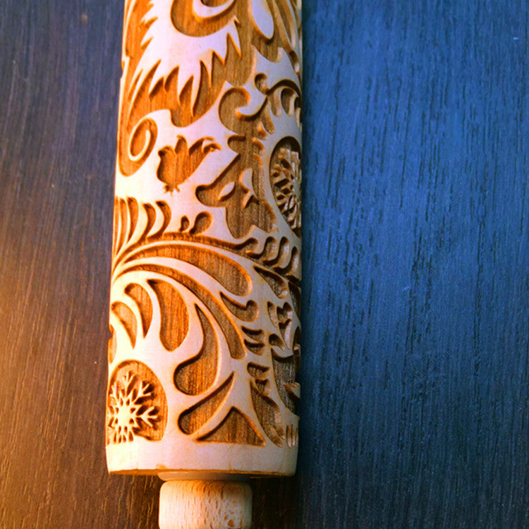 Embossed Beech Rolling Pin with Folk Pattern