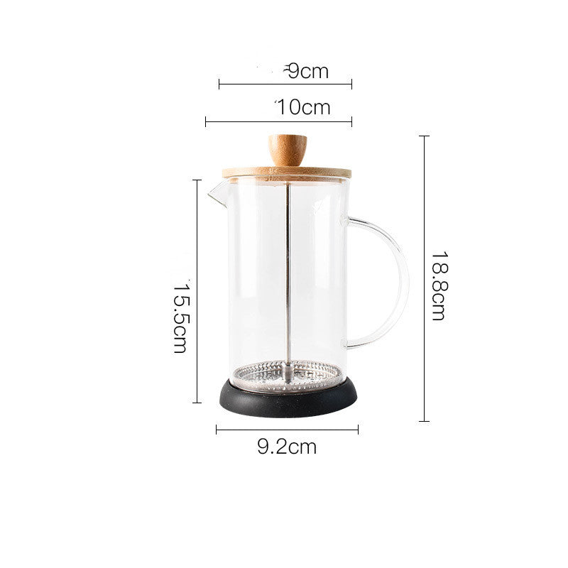 Large glass French press with oak lid, with measurements