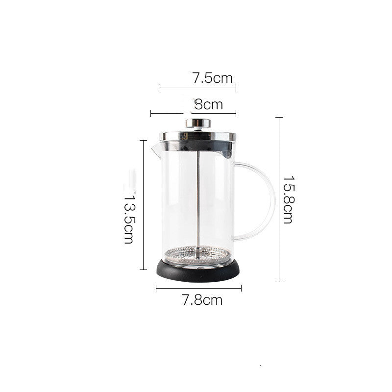 Small glass French press with steel lid, with measurements